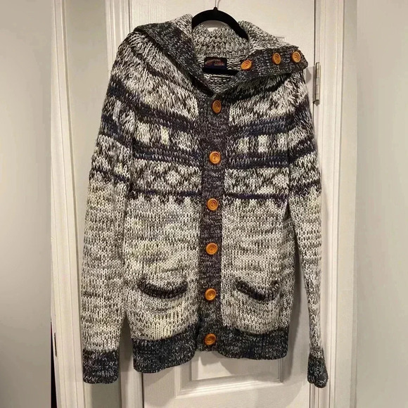 Anderson Little Nordic Ski Wooden Button Navy Blue Cowl Neck Cardigan Size L - Picture 1 of 12